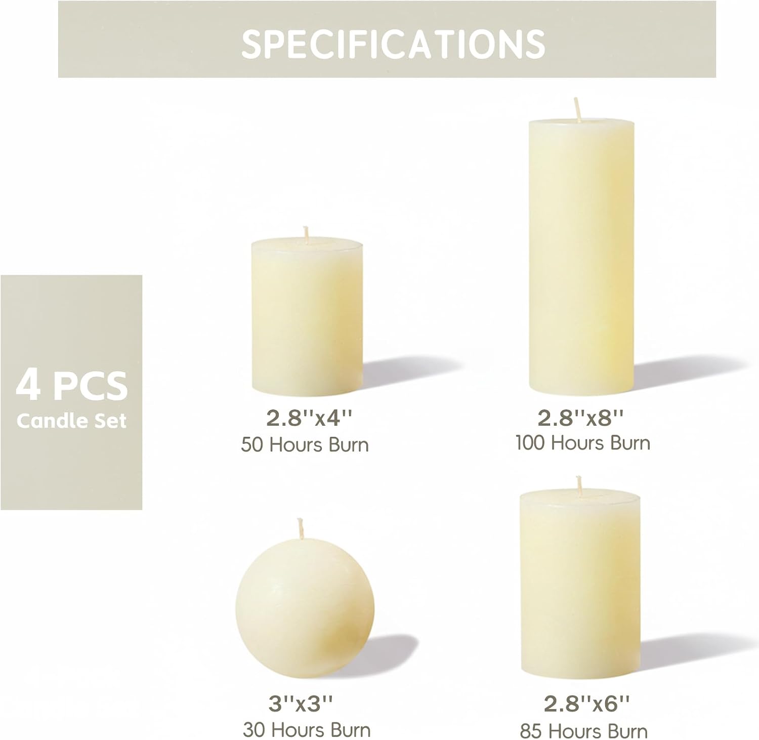 4-Piece Ivory Unscented Pillar and Sphere Candle Set - Image 3